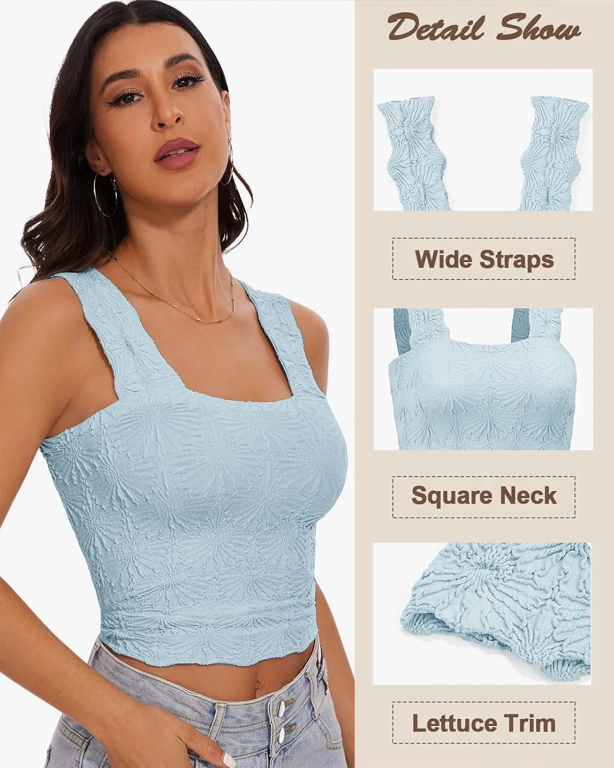 Women's Square Neck Wide Strap Crop Tank Tops Slim Fit Sleeveless Going Out Top Flower Lettuce Trim Cami Tops
