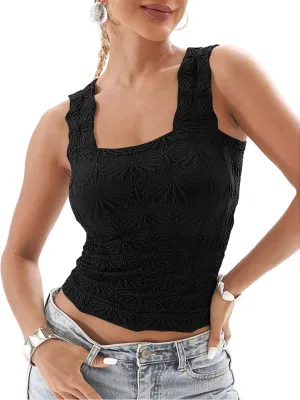 Women's Square Neck Wide Strap Crop Tank Tops Slim Fit Sleeveless Going Out Top Flower Lettuce Trim Cami Tops