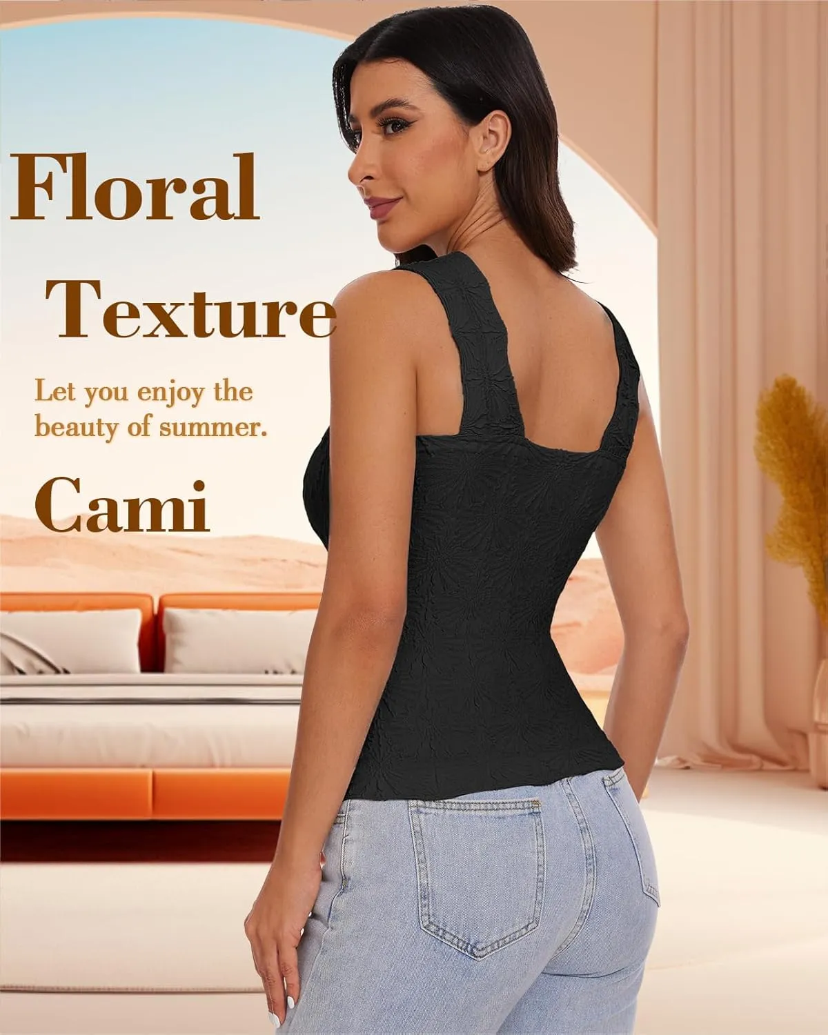 Women's Square Neck Wide Strap Crop Tank Tops Slim Fit Sleeveless Going Out Top Flower Lettuce Trim Cami Tops