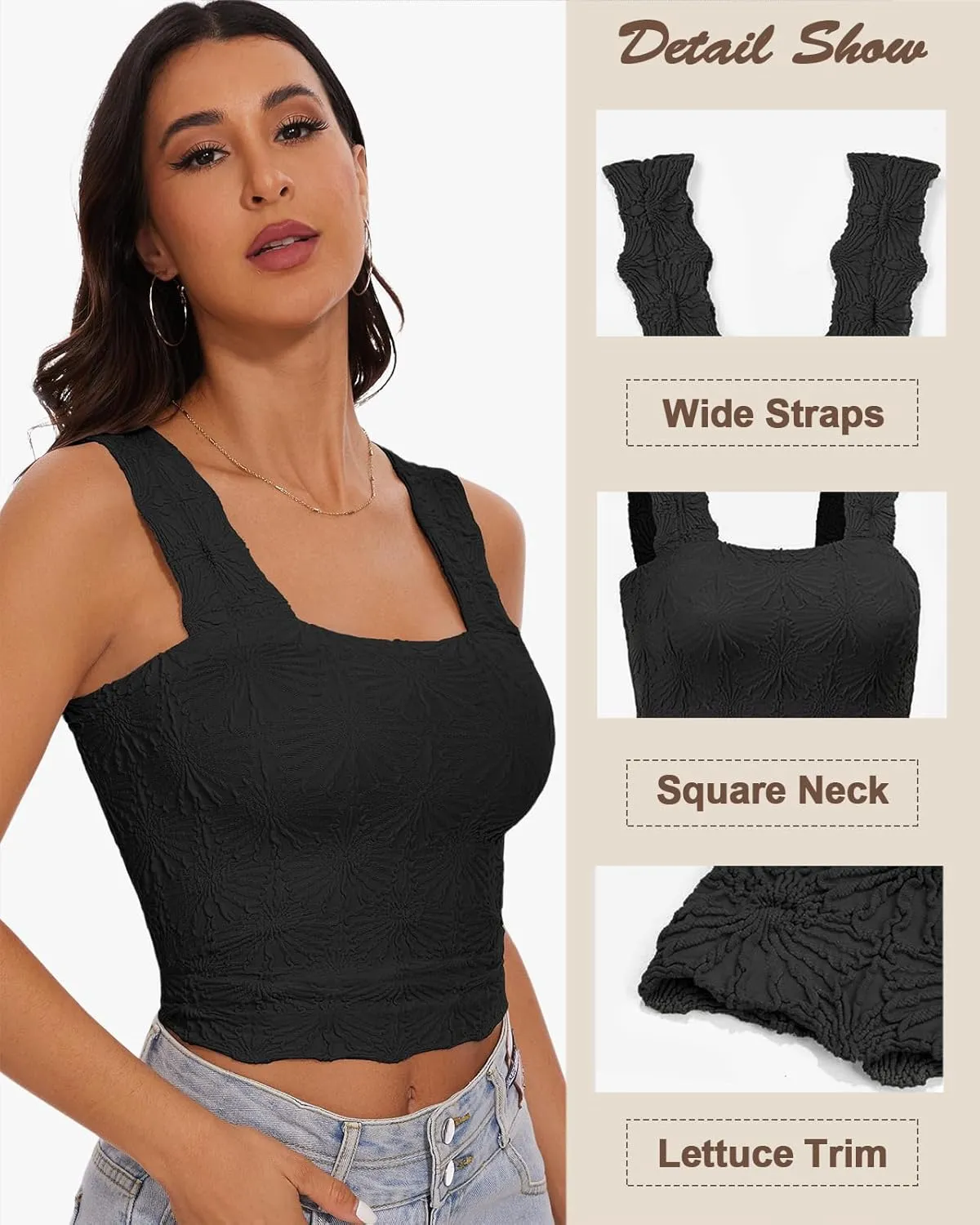 Women's Square Neck Wide Strap Crop Tank Tops Slim Fit Sleeveless Going Out Top Flower Lettuce Trim Cami Tops